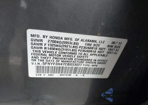 2012 Honda Pilot Ex z USA, uszkodzony, nr VIN 5FNYF3H47CB033027
